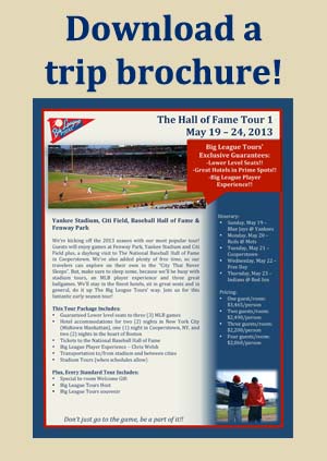 trip brochure, baseball tour package details