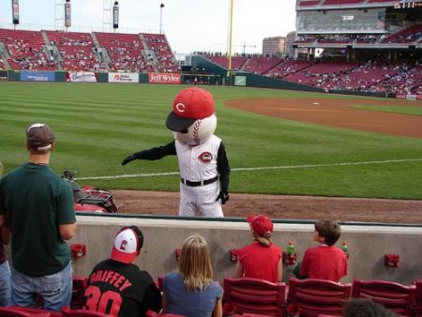 TEAM:Cincinnati Reds CITY:Cincinnati STADIUM:Great American Ballpark   We had great seats at the Reds seat, right next to the dugout.
