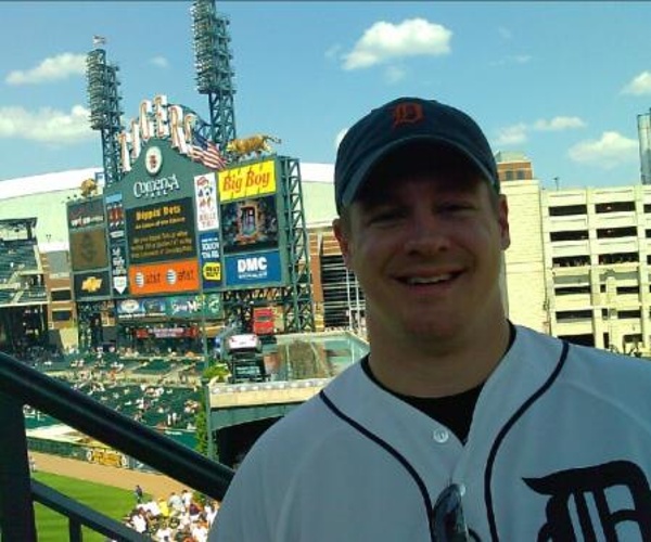 TEAMDetroit Tigers CITY:Detroit STADIUM:Comerica Park   This is my buddy, Brad, in the upper right filed deck before a Tigers game.