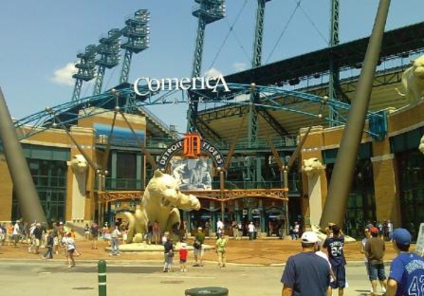 TEAMDetroit Tigers CITY:Detroit STADIUM:Comerica Park   It was a great day for baseball. Here is a picture of the main entrance at Comerica Field.