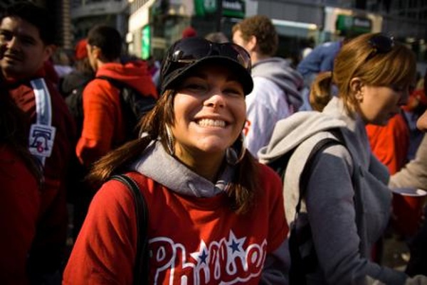TEAMPhiladelphia Phillies CITY:Philadelphia   A happy Phillies fan celebrating the World Series championship.