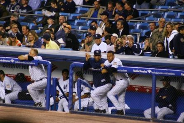TEAM:New York Yankees CITY:New York STADIUM:Yankee Stadium   Shelley Duncan, Jorge Posada and Derek Jeter on the rail in the Yankees dugout. This is the view from our seats on the first night of our Big League Tour!