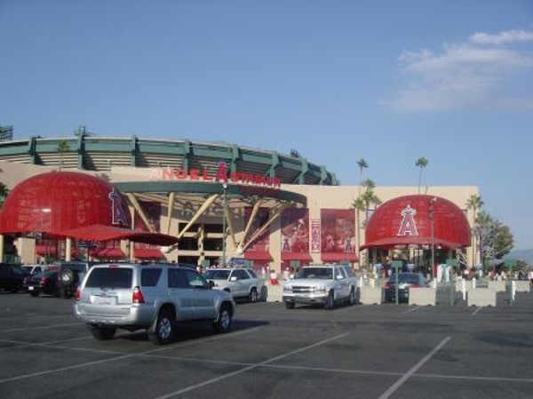 TEAM:Los Angeles Angels of Anaheim CITY:Anaheim STADIUM:Angel Stadium   View of Angel Stadium as we approach on one of our baseball trips.