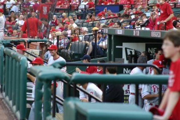 Team: Philadelphia Phillies City: St. Louis Stadium: Busch Stadium Here's the view into the Phillies' dugout from our seats at Busch Stadium. We were able to talk with players, managers, and umpires the whole night. What an awesome MLB road trip!