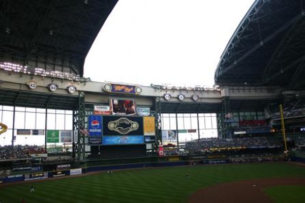 Team: Milwaukee Brewers City: Milwaukee Stadium: Miller Park It was raining when we got to the baseball stadium but shortly after batting practice they opened up the roof. That was cool to see.