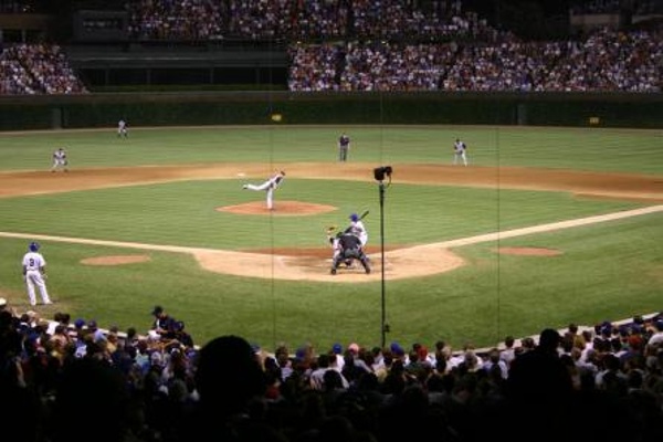 Team: Chicago Cubs City: Chicago Stadium: Wrigley Field View from our seats at Wrigley for a night game on our MLB road trip.