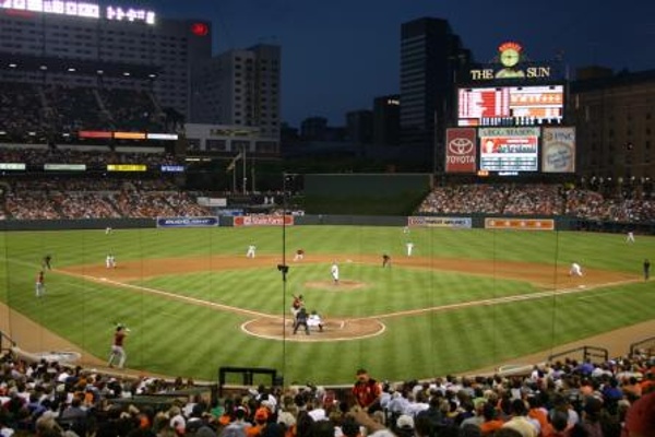 TEAM:Baltimore Orioles CITY:Baltimore STADIUM:Oriole Park   Oriole Park after dark.
