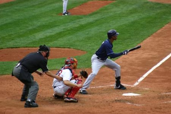 TEAM:Tampa Bay Rays CITY:Boston STADIUM:Fenway Park   BJ Upton laying down a bunt.