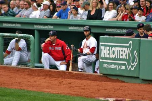 TEAM:Boston Red Sox CITY:Boston STADIUM:Fenway Park   Pedroia in the dugout.