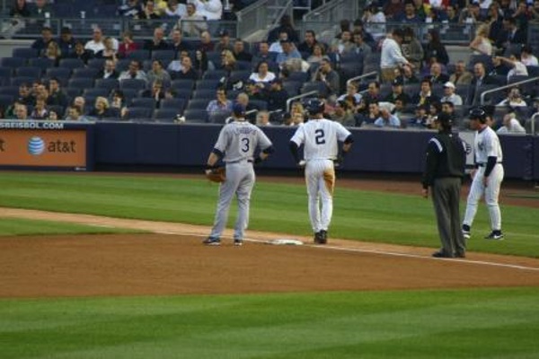 TEAM:New York Yankees CITY:New York STADIUM:Yankee Stadium   Derek Jeter and Evan Longoria at third base.