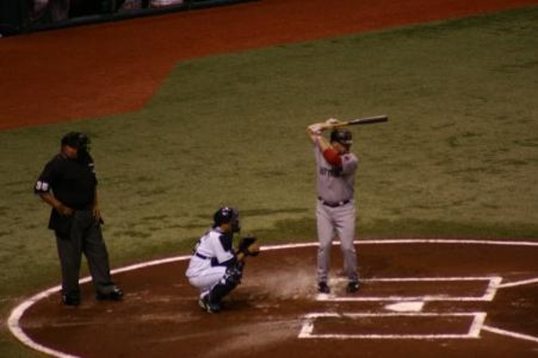 TEAM:Boston Red Sox CITY:Boston STADIUM:Tropicana Field   Kevin Youkilis with his familiar (and goofy) batting stance. Something must be working since he's batting over .400.